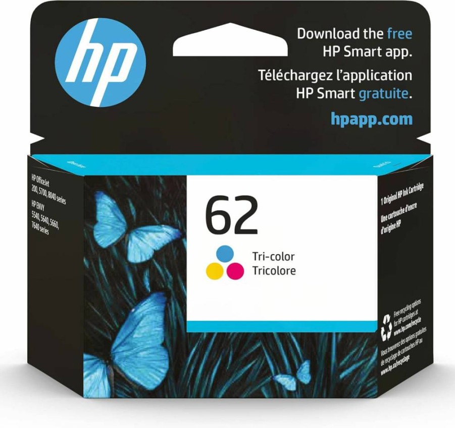 HP 62 Tri-Color Ink Cartridge (C2P06AN) - Original HP Inkjet Printer Cartridge in Retail Packaging