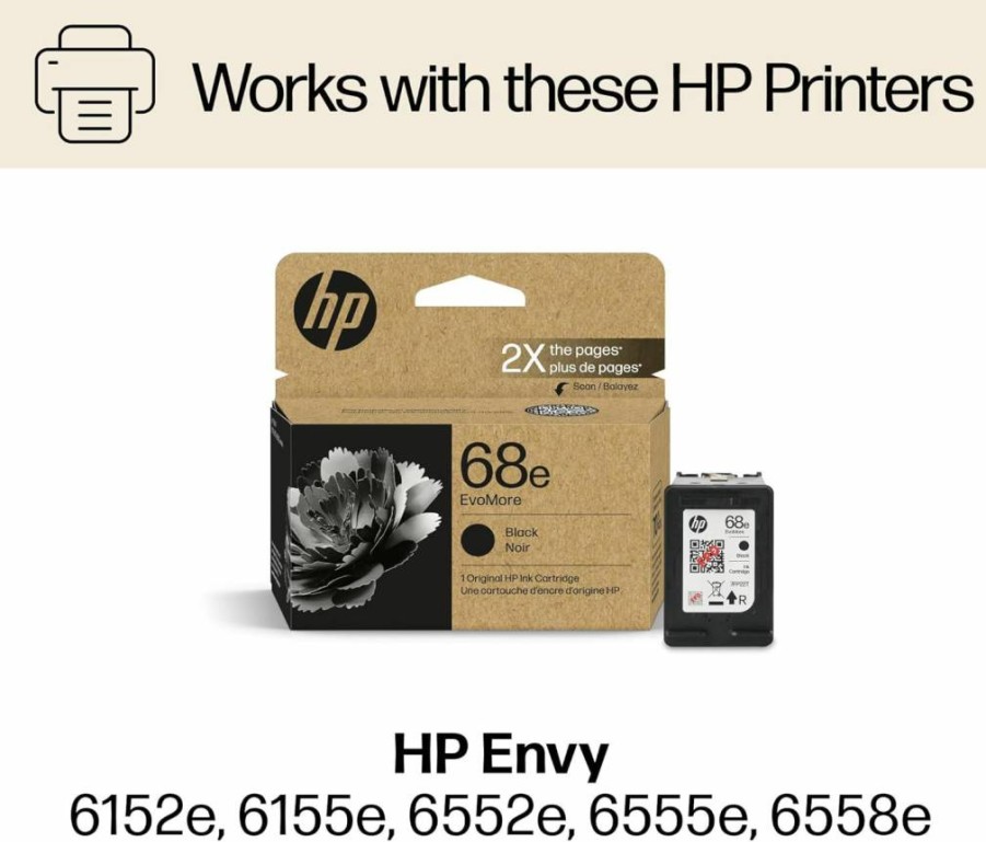 HP 68E Evomore High Yield Black Ink Cartridge - Compatible with Envy 6100E, 6500E Series Printers | Carbon Neutral Certified | 7FP22TN