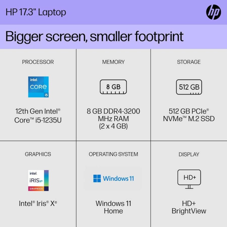HP 17-CN2099NR 17.3" HD+ Laptop (2023) - 12th Gen Intel Core i5-1235U, 8GB RAM, 512GB SSD, Intel Iris Xe Graphics, Windows 11 Home, Silver