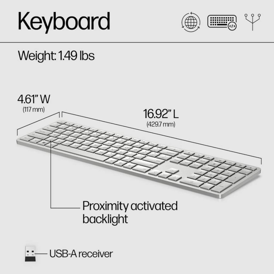 HP 970 Wireless Programmable Keyboard (Silver) - Bluetooth & 2.4GHz Dual Mode, USB-C Rechargeable, 24 Customizable Keys, Compatible with Windows & Mac